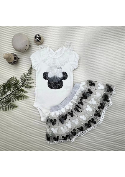 1-2-3 Yaş Payetli Mickey Nakışlı Kısa Kollu Brode Etekli 2li Kız Bebek Takımı Siyah