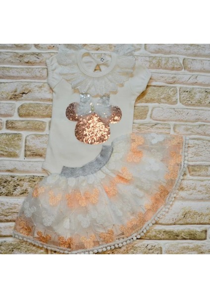 1-2-3 Yaş Payetli Mickey Nakışlı Kısa Kollu Brode Etekli 2li Kız Bebek Takımı Pudra