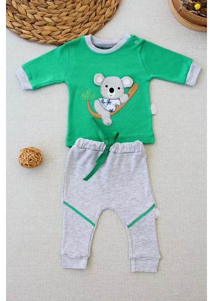 3-6 6-9 9-12 12-18 Ay Yavru Koala Nakışlı Uzun Kollu Sweat 2li Kız Erkek Bebek Takımı Yeşil