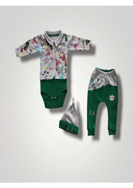 6-9 12-18 18-24 Ay Power Kedi Nakışlı Uzun Kollu Zıbınlı Şapkalı 3lü Kız Erkek Bebek Takımı Yeşil