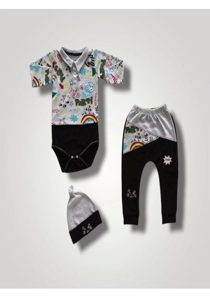 6-9 12-18 18-24 Ay Power Kedi Nakışlı Uzun Kollu Zıbınlı Şapkalı 3lü Kız Erkek Bebek Takımı Siyah