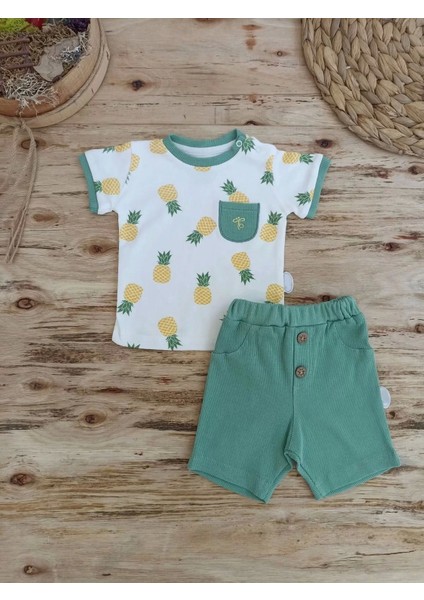 3-6 6-9 9-12 Ay Ananas Baskılı Şort Tişört 2 Li Kız Erkek Bebek Takımı Yeşil