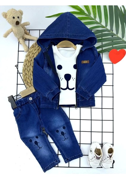 9-12-18-24 Ay Kot Kumaş Kapşonlu Uzun Kol Sweatli Kot Kumaş 3lü Erkek Bebek Takımı Mavi