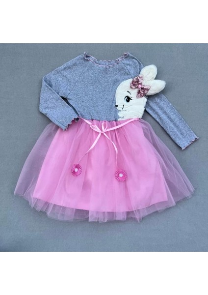 5-6-7 Yaş Pelüş Tavşan Desenli Kurdela Kuşaklı Astarlı Kız Çocuk Tütü Elbise Pembe