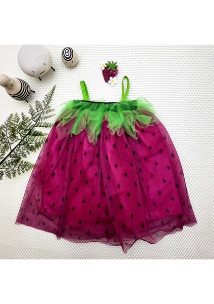 2-3-4 Yaş Askılı Çilek Kostüm Kız Çocuk Elbise Fuşya