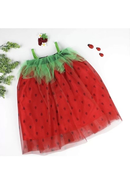 2-3-4 Yaş Askılı Çilek Kostüm Kız Çocuk Elbise Kırmızı modelleri