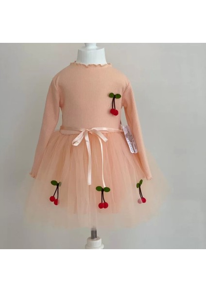 5-6-7 Yaş Kiraz Desenli Kurdela Kuşaklı Astarlı Uzun Kollu Kız Çocuk Tütü Elbise Somon