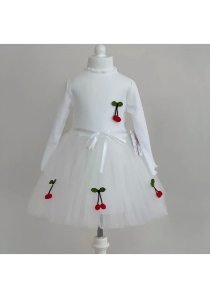 5-6-7 Yaş Kiraz Desenli Kurdela Kuşaklı Astarlı Uzun Kollu Kız Çocuk Tütü Elbise Beyaz
