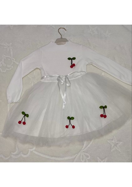 5-6-7 Yaş Kiraz Desenli Kurdela Kuşaklı Astarlı Uzun Kollu Kız Çocuk Tütü Elbise Beyaz fiyatları