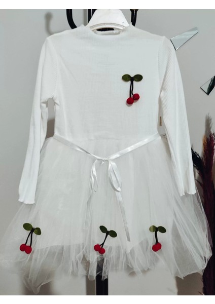 5-6-7 Yaş Kiraz Desenli Kurdela Kuşaklı Astarlı Uzun Kollu Kız Çocuk Tütü Elbise Beyaz modelleri