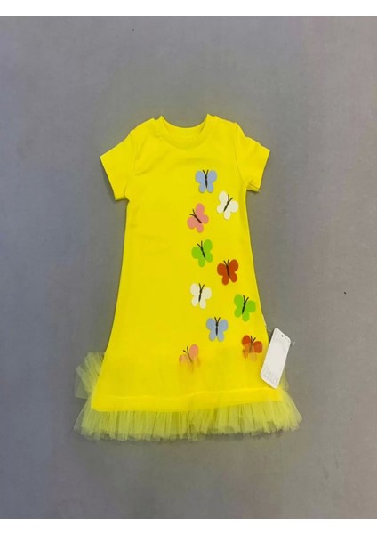 1-2-3 Yaş Renkli Kelebekler Nakışlı Eteği Fırfırlı Jile Çocuk Elbisesi Sarı fiyatları