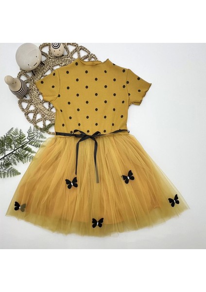5-6-7 Yaş Puantiyeli Kelebek Etekli Astarlı Kız Çocuk Elbisesi Hardal