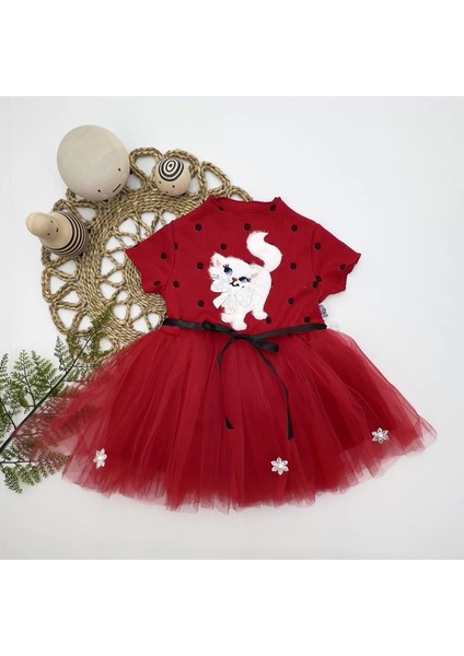 1-2-3 Yaş Payetli Kedicik Baskılı Puantiyeli Kız Bebek Elbisesi Kırmızı