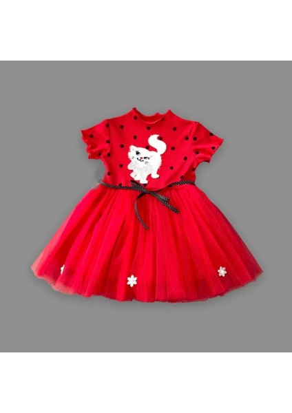1-2-3 Yaş Payetli Kedicik Baskılı Puantiyeli Kız Bebek Elbisesi Kırmızı fiyatları