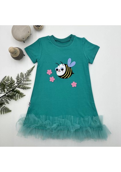 1-2-3 Yaş Arıcık Nakışlı Eteği Fırfırlı Jile Kız Çocuk Elbisesi Turkuaz