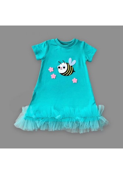 1-2-3 Yaş Arıcık Nakışlı Eteği Fırfırlı Jile Kız Çocuk Elbisesi Turkuaz fiyatları