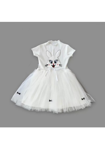 5-6-7 Yaş Payetli Tavşan Baskılı Kız Çocuk Elbisesi Beyaz fiyatları