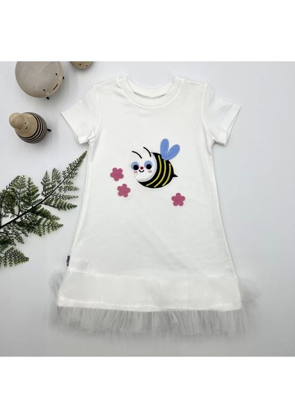 1-2-3 Yaş Arıcık Nakışlı Eteği Fırfırlı Jile Kız Çocuk Elbisesi Beyaz