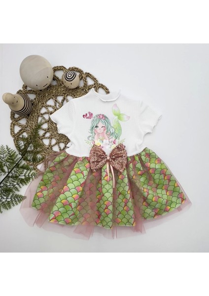 1-2-3 Yaş Denizkızı Baskılı Pul Desen Etekli Kız Bebek Elbisesi Ekru