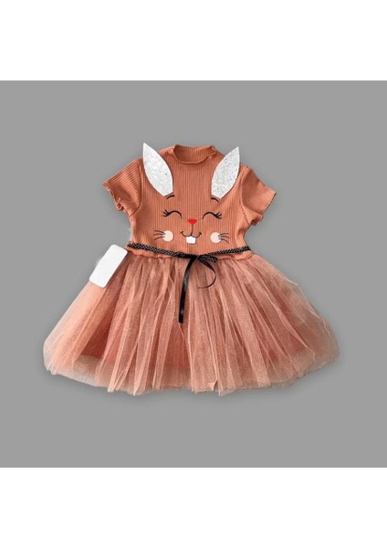 1-2-3 Yaş Payetli Kulak Tavşan Baskılı Kız Bebek Elbisesi Kahverengi
