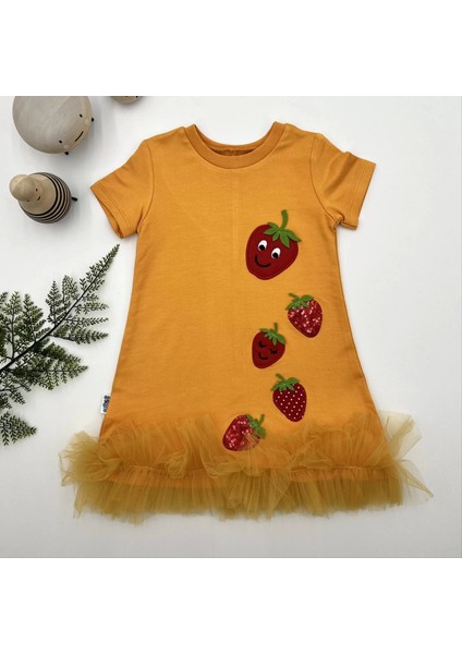 1-2-3 Yaş Payetli Çilekler Nakışlı Eteği Fırfırlı Jile Kız Çocuk Elbisesi Turuncu
