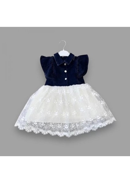 2-3-4 Yaş Astarlı Brode Etekli Kot Kumaş Düğmeli Kız Çocuk Elbisesi Lacivert