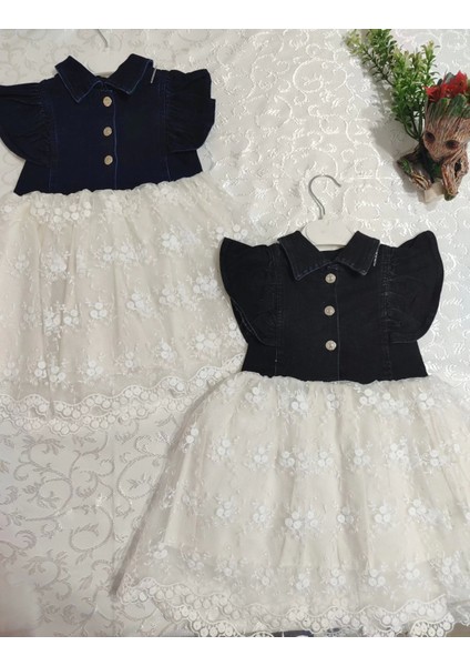 2-3-4 Yaş Astarlı Brode Etekli Kot Kumaş Düğmeli Kız Çocuk Elbisesi Lacivert fiyatları