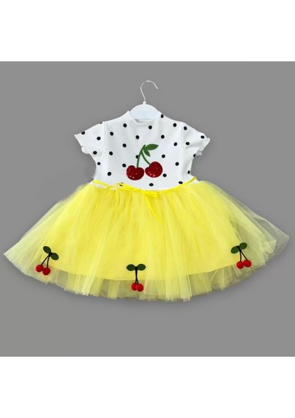1-2-3 Yaş Payetli Kiraz Nakışlı Kiraz Etekli Kız Bebek Tütü Elbisesi Sarı fiyatları