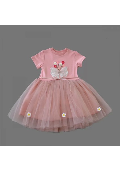 1-2-3 Yaş Tül Fiyonk Çiçekler Nakışlı Astarlı Kız Bebek Tütü Elbisesi Pudra fiyatları