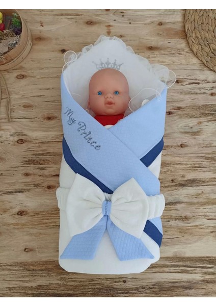 Yenidoğan Bal Peteği My Prince Taç Nakışlı Delüks Kundak Bebek Battaniyesi Mavi