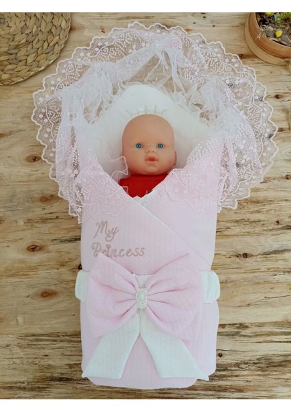 Bal Peteği My Princess Taç Nakış Inci Fiyonklu Dantel Duvaklı Delüks Kundak Bebek Battaniyesi Pembe