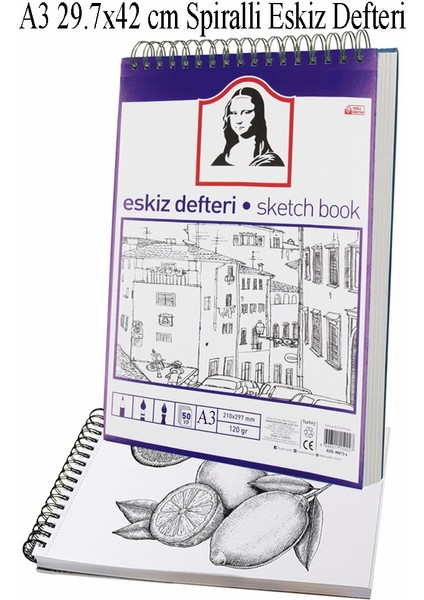 Telli Eskiz Defteri A3 Spiralli 50 Yaprak 1 Adet 120 gr 297X420 mm Karakalem Sketch Book Üstten Açılmalı Ezkiz Defteri