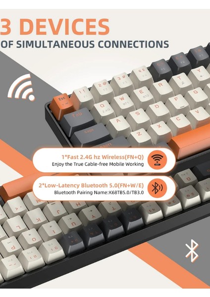 K68 Red Switch Kablosuz Bluetooth Mekanik Oyuncu Klavyesi Hotswapp Oyun Klavyesi