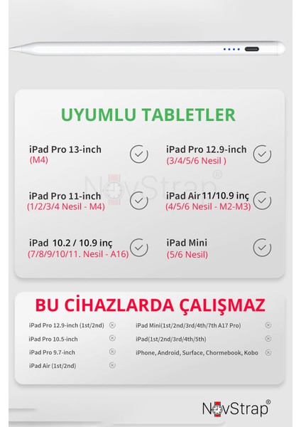 Apple iPad Pro 11 (M4) ile Uyumlu Dokunmatik Tablet Kalemi DZ900 Gen3 Stylus Pencil Avuç Içi Reddi 2 Adet Yedek Uç