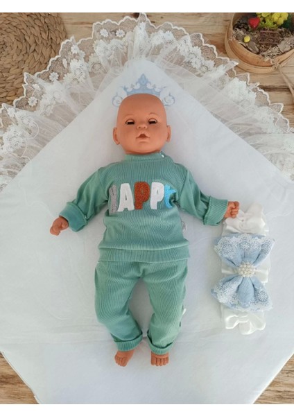 Yenidoğan Teri Cotton Taç Nakışlı Prizma Taş Kundak Bebek Battaniyesi Mavi