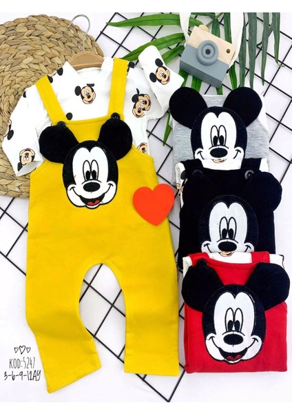 3-6-9-12 Ay Mickey Figürlü Uzun Kollu Baskılı Sweatli 2li Kız Erkek Bebek Salopet Takımı Gri