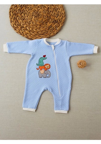 6-9 12-18 18-24 24-36 Ay Animal Nakışlı Bal Peteği Kumaş Es Fermuarlı Erkek Bebek Tulumu Mavi
