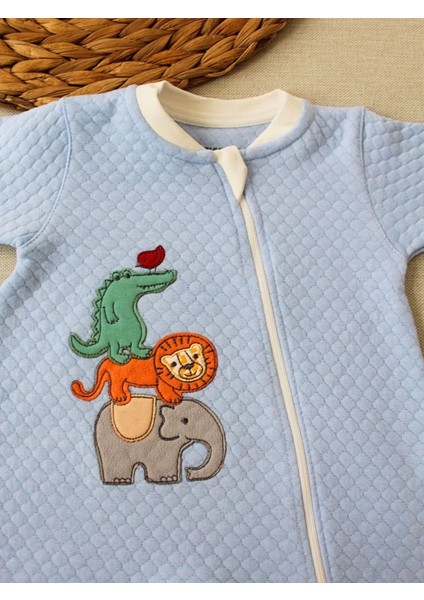 6-9 12-18 18-24 24-36 Ay Animal Nakışlı Bal Peteği Kumaş Es Fermuarlı Erkek Bebek Tulumu Mavi modelleri