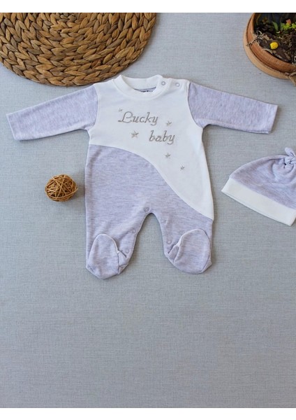 0-3 3-6 Ay Lucky Baby Nakışlı Es Çizgi Boy Şapkalı Erkek Bebek Tulumu Kahvemelanj
