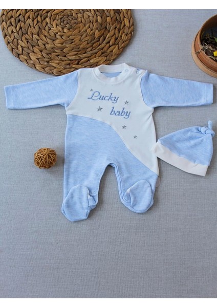 0-3 3-6 Ay Lucky Baby Nakışlı Es Çizgi Boy Şapkalı Erkek Bebek Tulumu Mavi