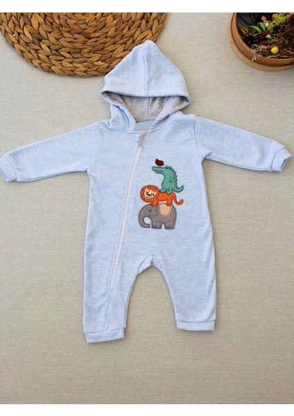 6-9 9-12 Ay Ef Çizgi Boy Fermuarlı Hayvanlar Alemi Nakışlı Kapşonlu Kız Erkek Bebek Tulumu Mavi