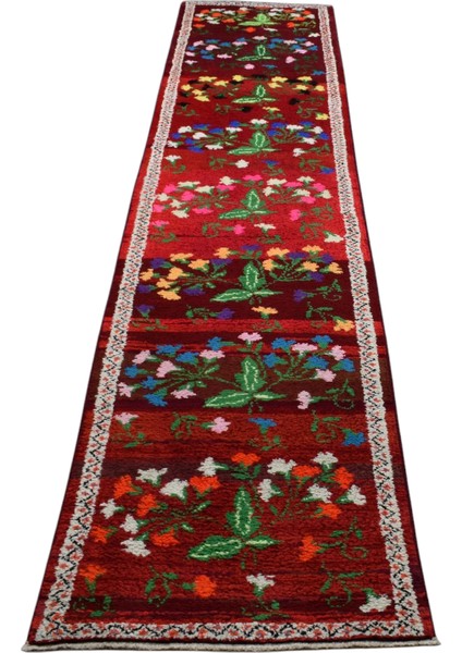Yeni El Dokuma Çiçekli Kırmızı Herki Yolluk Bukleli Pamuklu Yün Halı 5863
