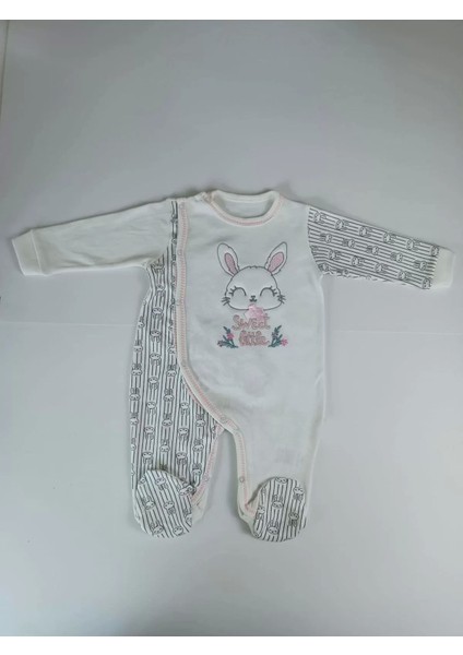 0-3 3-6 Ay Minik Tavşan Nakışlı Boydan Çıtçıt Kapamalı Kız Erkek Bebek Tulumu Ekru