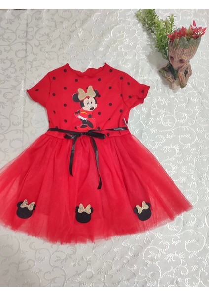 2-3-4 Yaş Puantiyeli Mickey Baskılı Kurdela Kuşaklı Astarlı Kız Bebek Tütü Elbisesi Kırmızı modelleri