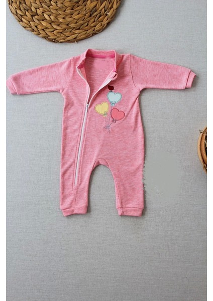 3-6 18-24 24-36 Ay Uçan Balonlar Nakışlı Ef Boy Fermuarlı Kız Bebek Tulumu Pembe