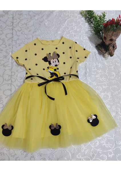 2-3-4 Yaş Puantiyeli Mickey Baskılı Kurdela Kuşaklı Astarlı Kız Bebek Tütü Elbisesi Sarı