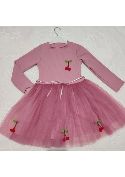 5-6-7 Yaş Kiraz Desenli Kurdela Kuşaklı Astarlı Uzun Kollu Kız Çocuk Tütü Elbise Gül Kurusu
