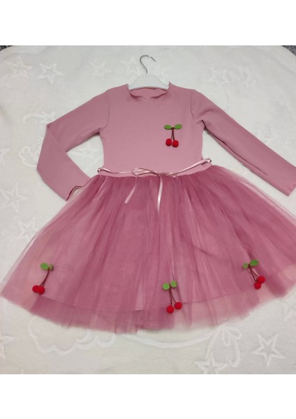5-6-7 Yaş Kiraz Desenli Kurdela Kuşaklı Astarlı Uzun Kollu Kız Çocuk Tütü Elbise Gül Kurusu modelleri