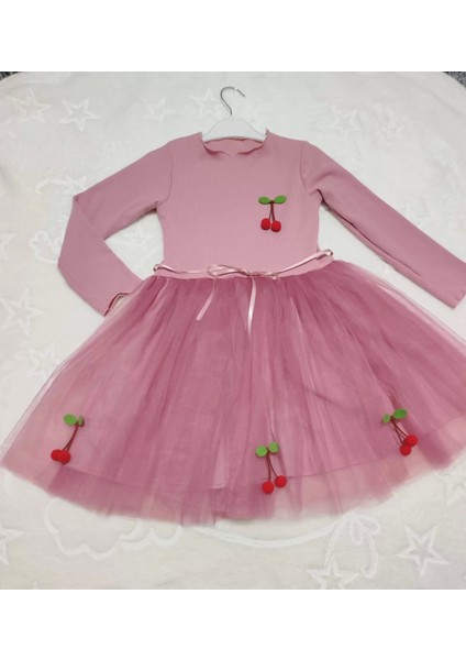5-6-7 Yaş Kiraz Desenli Kurdela Kuşaklı Astarlı Uzun Kollu Kız Çocuk Tütü Elbise Gül Kurusu indirimleri