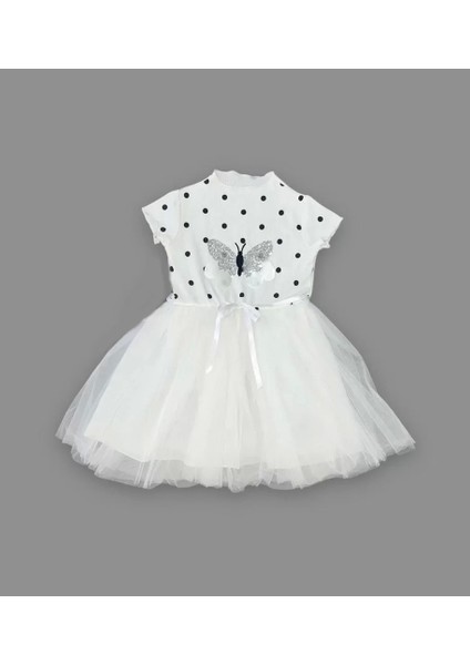 5-6-7 Yaş Payetli Kelebek Desenli Puantiyeli Kız Çocuk Elbisesi Beyaz